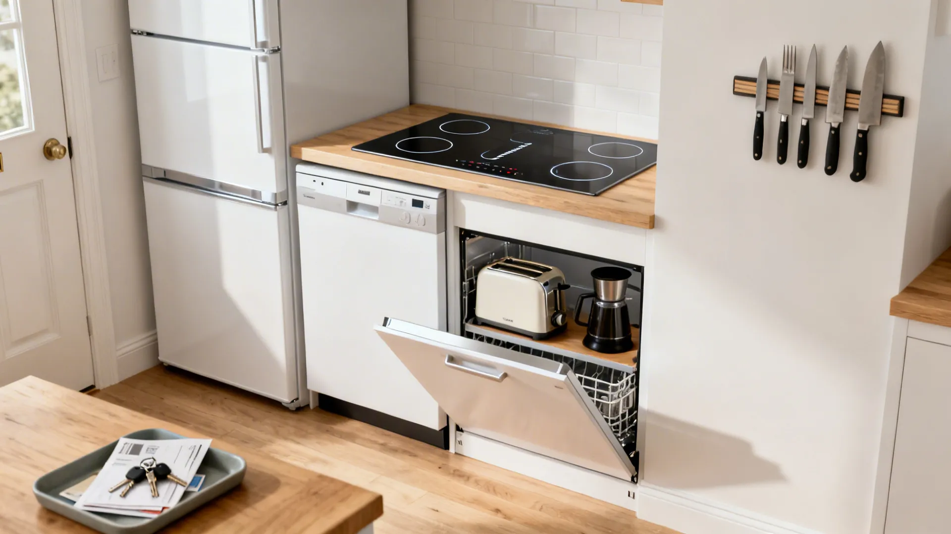 Modern kitchen area with white refrigerator induction stovetop dishwasher and organized small appliances in cabinet