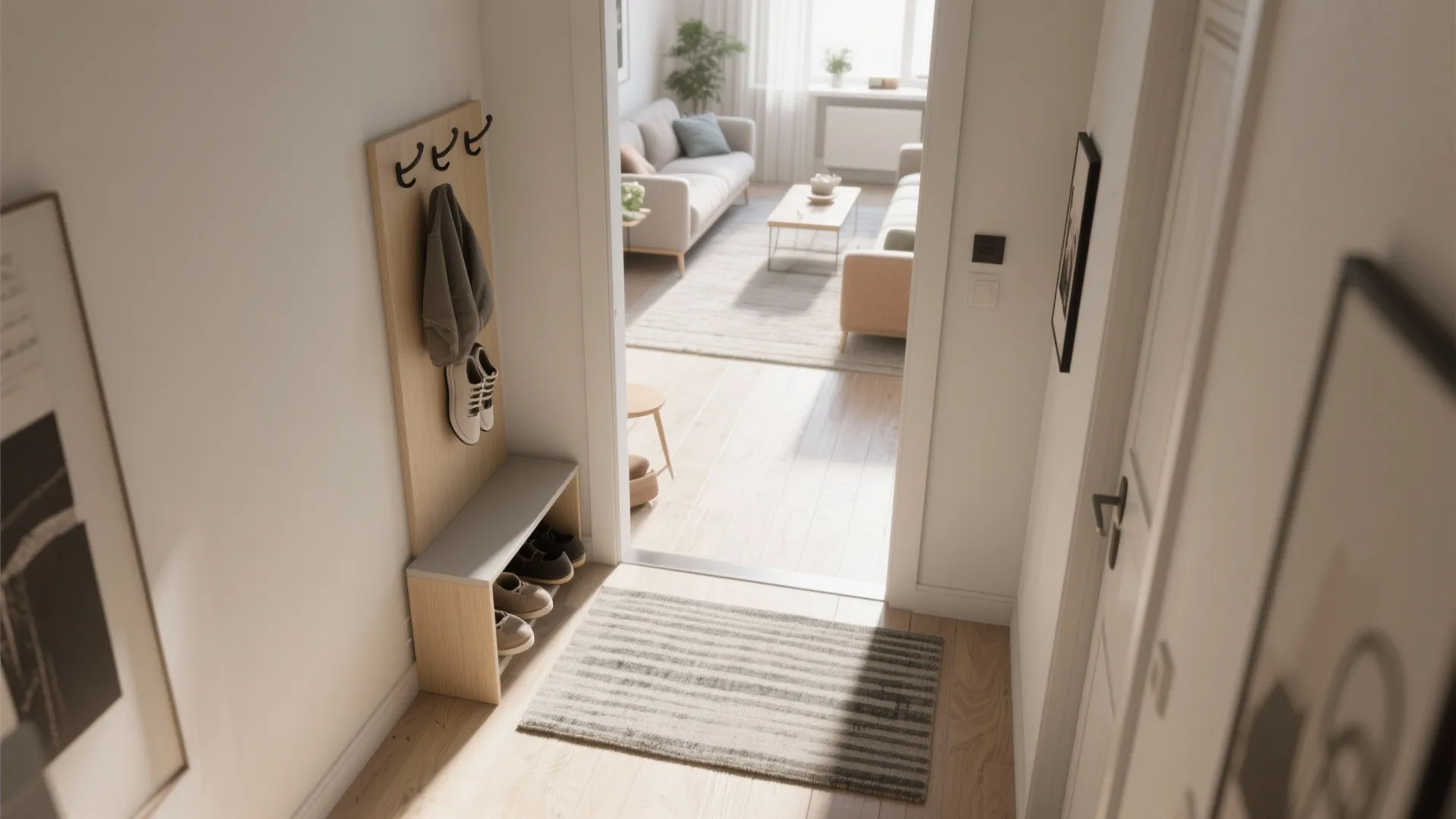 Clean home entrance with a wooden shoe rack wall hooks and view into living room
