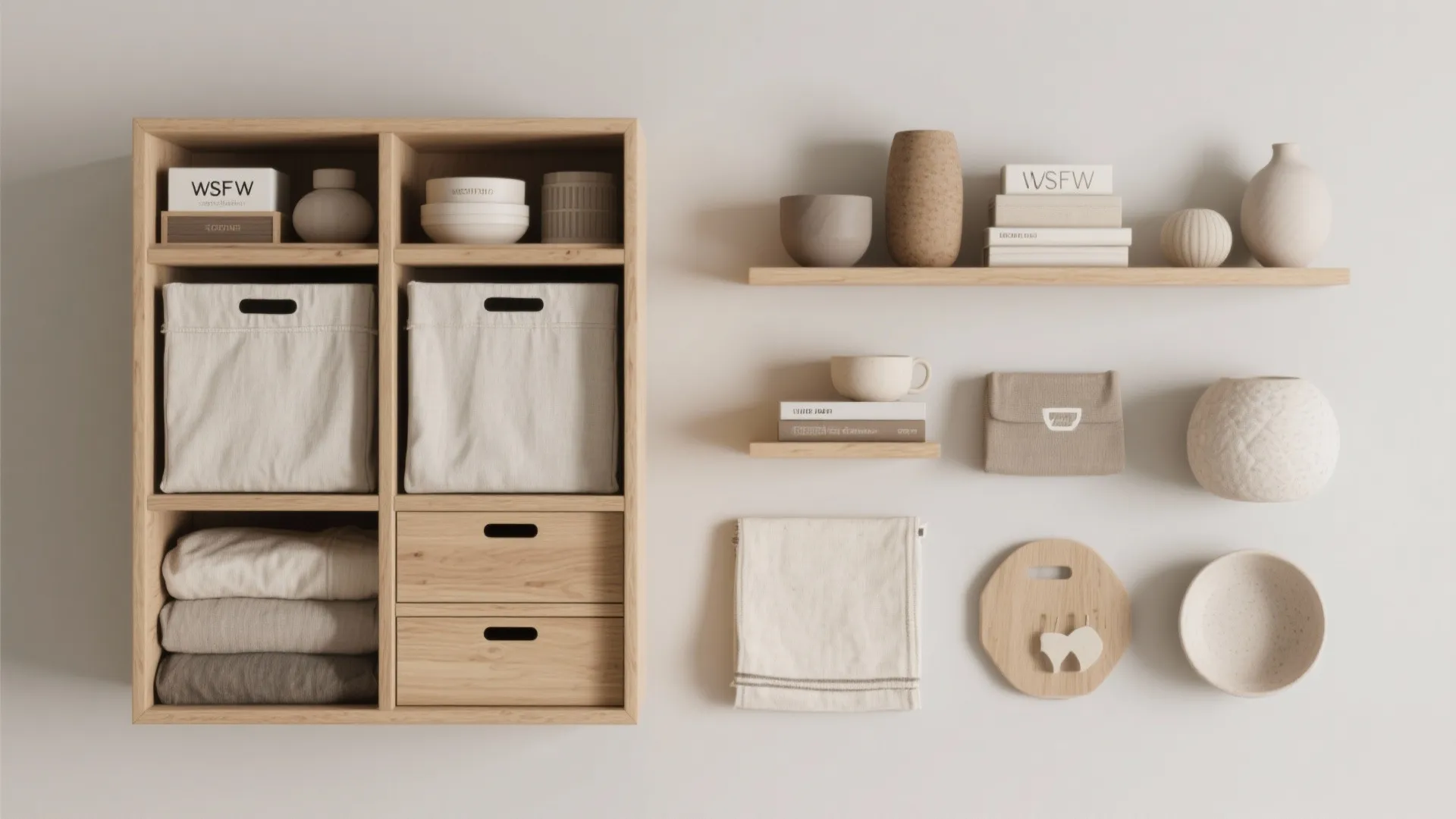 Flat lay of minimal decor and organized items