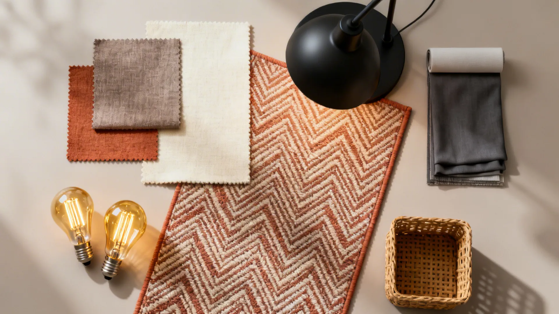 Top-down flatlay of material and lighting samples showing a neutral, warm palette for multifunctional rooms.