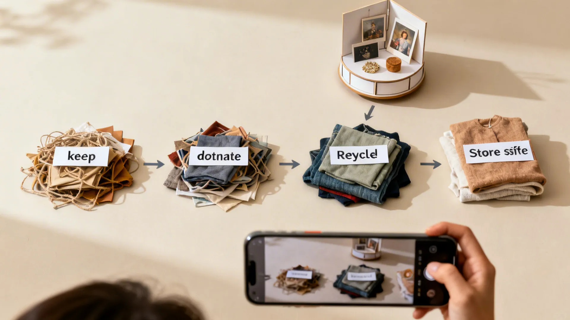 Decluttering session with labeled piles and a rotating keepsake box for sentimental items.