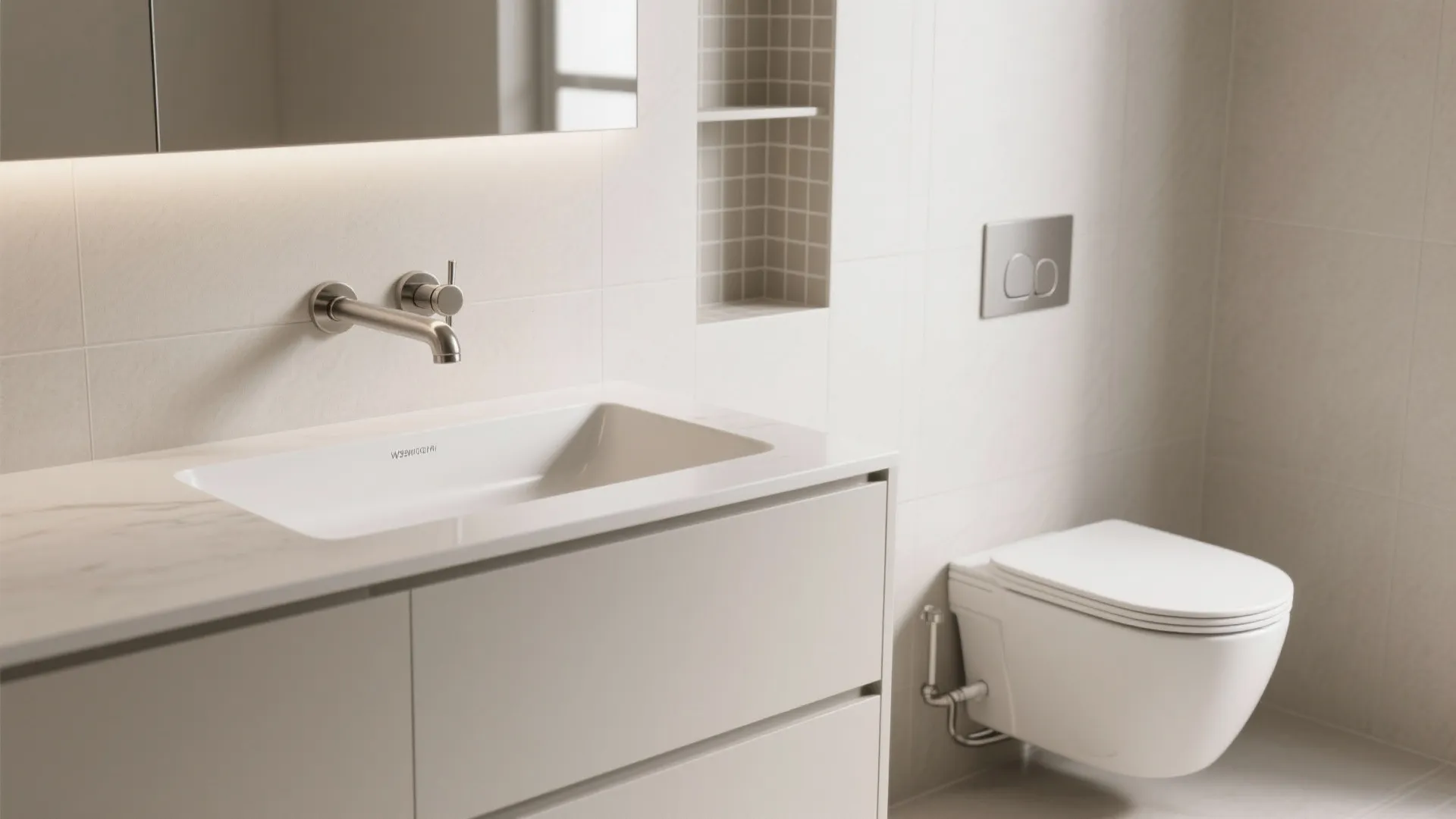 Decluttered Fixtures: Wall-Mounted Tap, Slim Toilets, and Built-In Niches