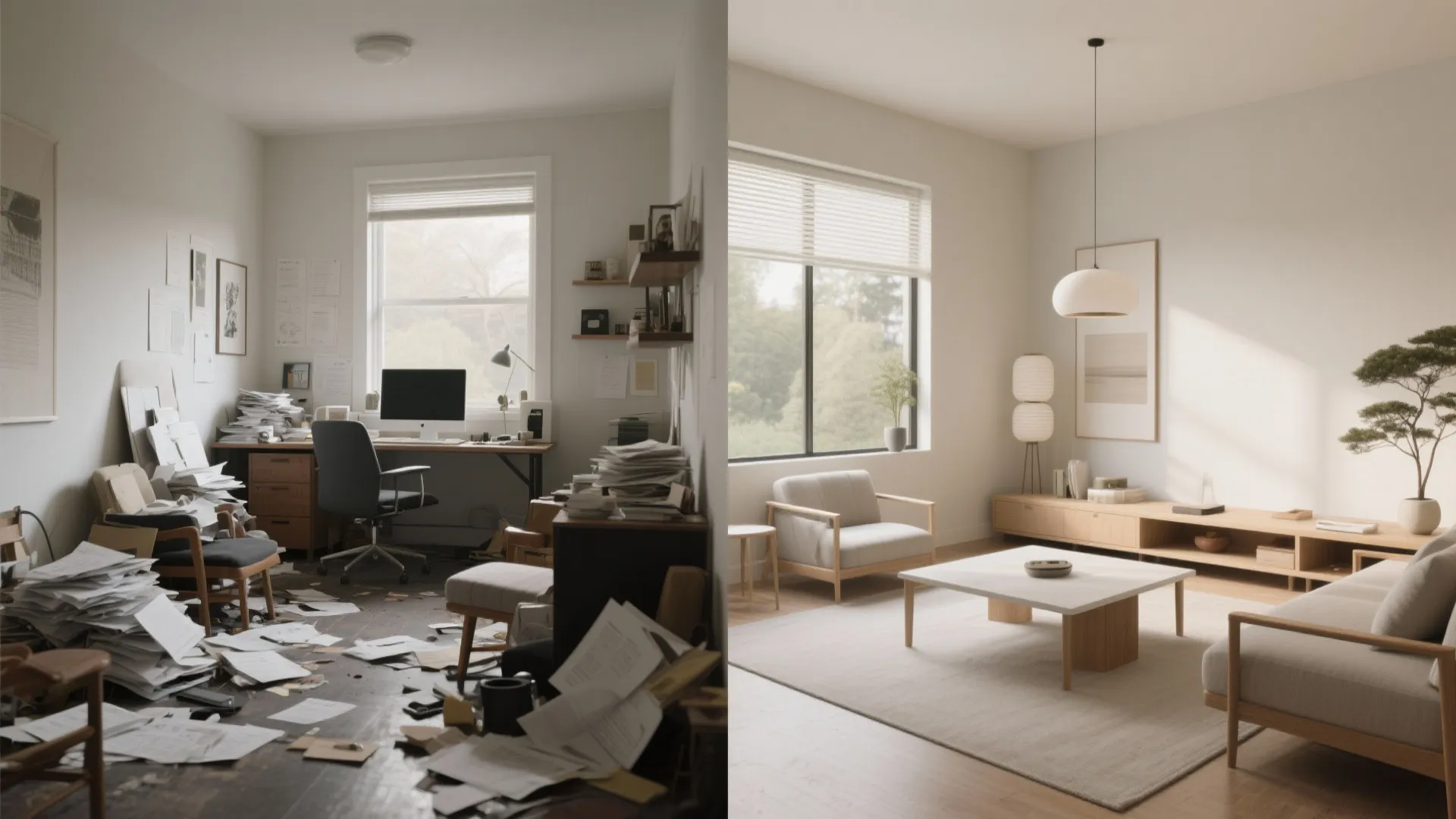 Before and after comparison of a messy cluttered room versus a clean organized living space