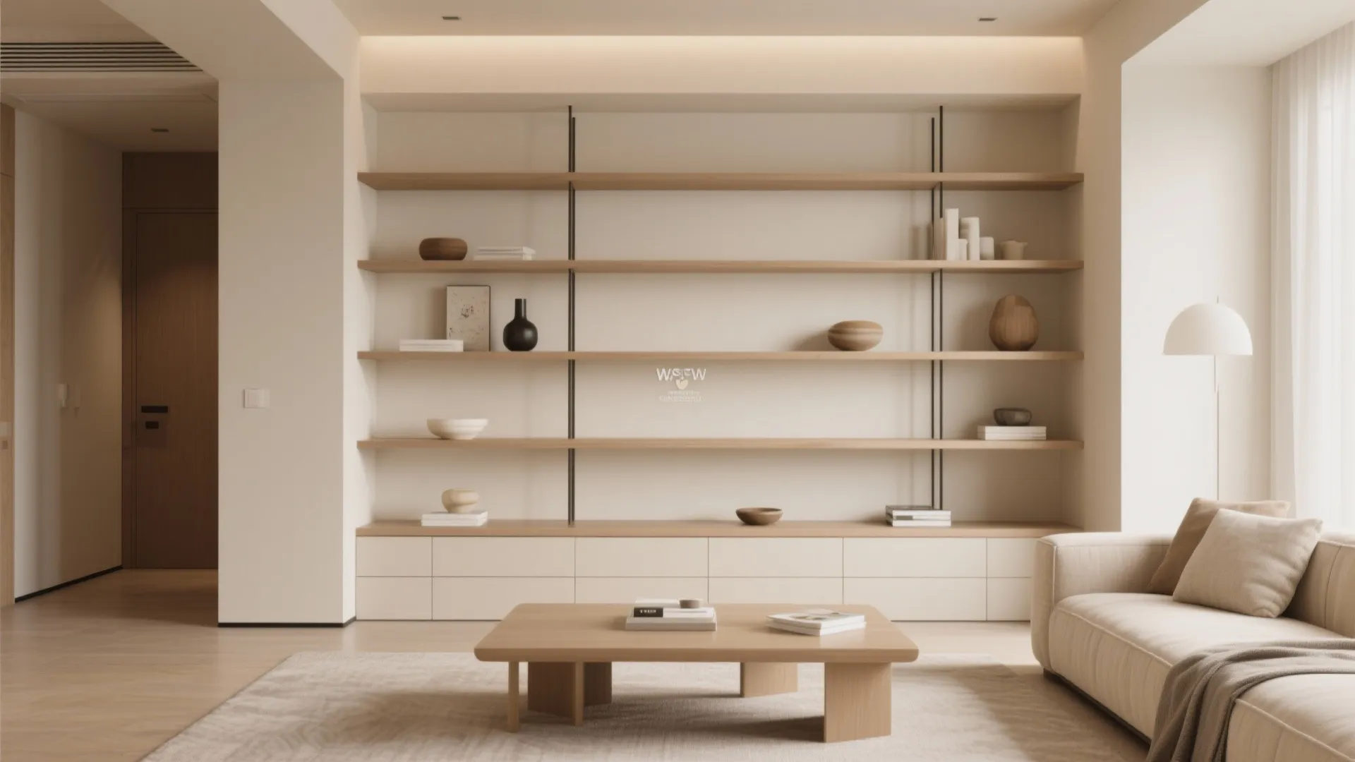 Minimalist wooden wall shelves holding decorative vases and books next to a beige comfortable sofa
