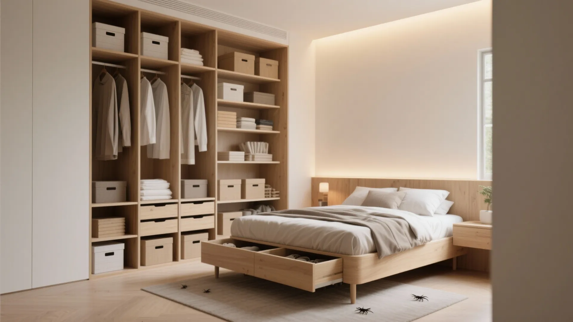 Modern bedroom with wooden bed frame open storage drawers and large wooden cabinet for organized clothes