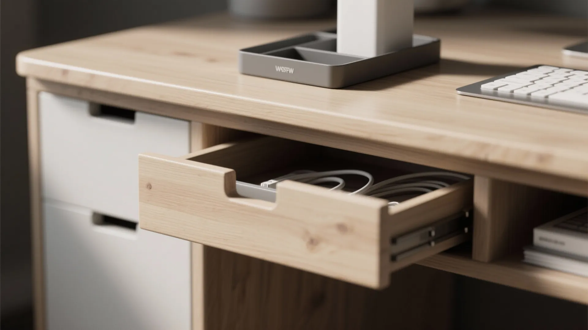 Close up of a wooden desk with an open drawer showing organized cables and white cabinets
