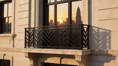 Art Deco Balcony with City Sunset View