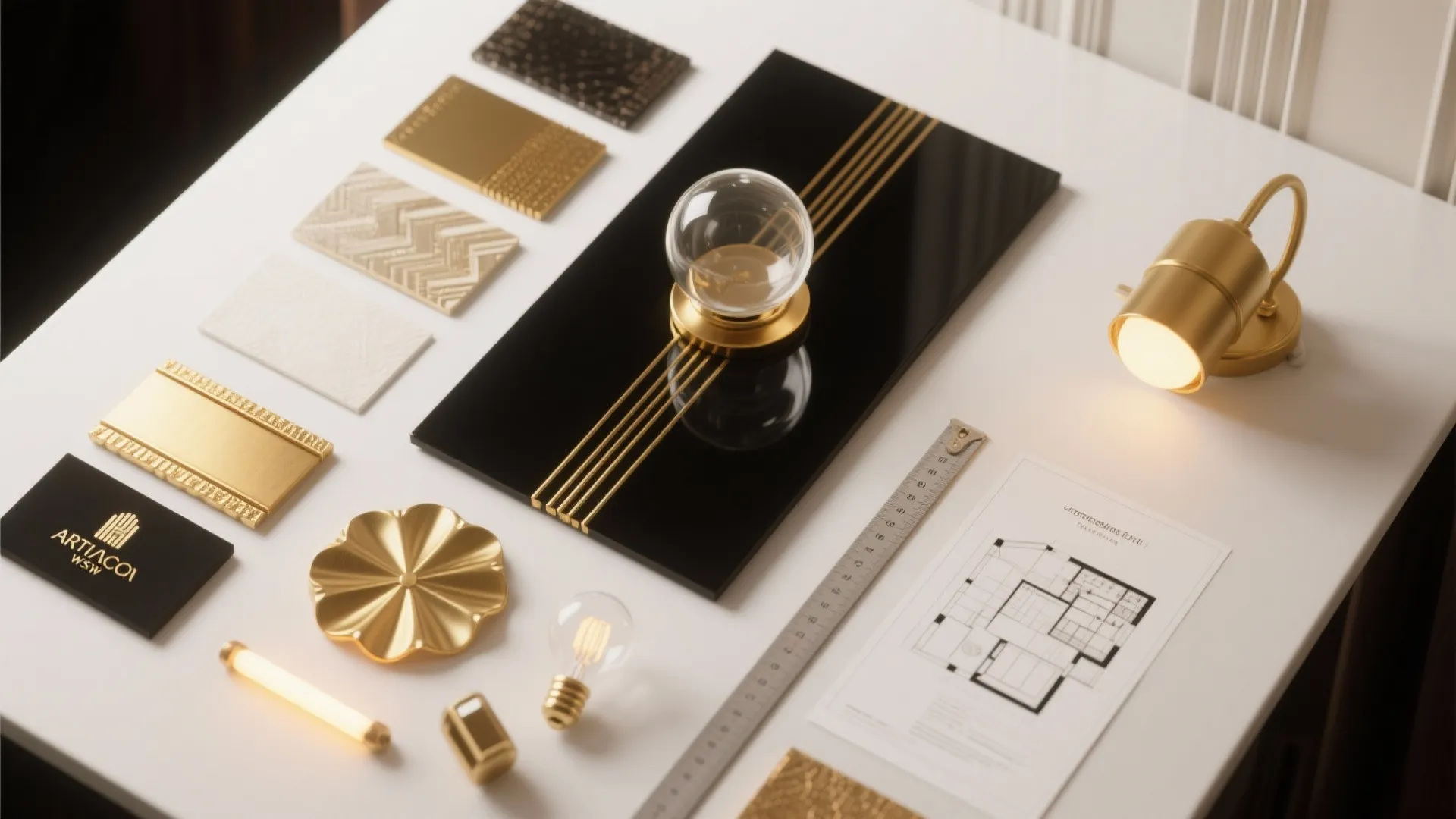 Gold and black interior design material samples with a floor plan and a wall light