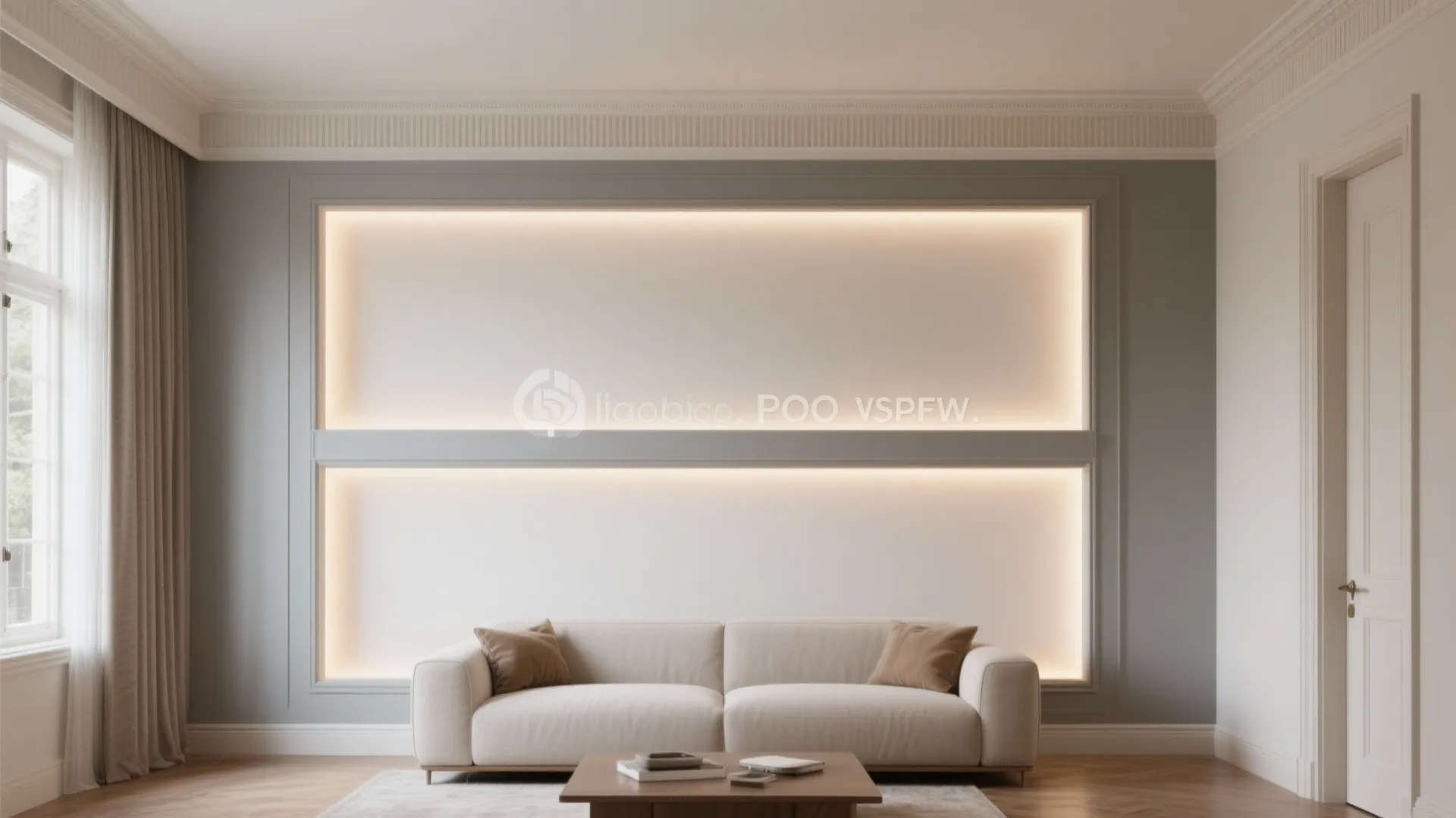 Art Deco stepped POP cornice with a light upper wall band, two-tone scheme in a narrow living room.