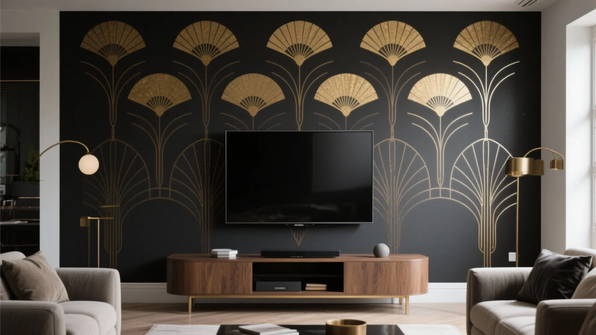 Art Deco Geometric Stencil for a TV Focal Wall