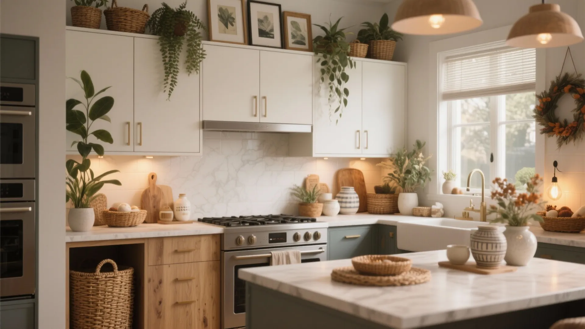 Cozy kitchen decorated with green plants woven baskets and framed art above white wall cabinets