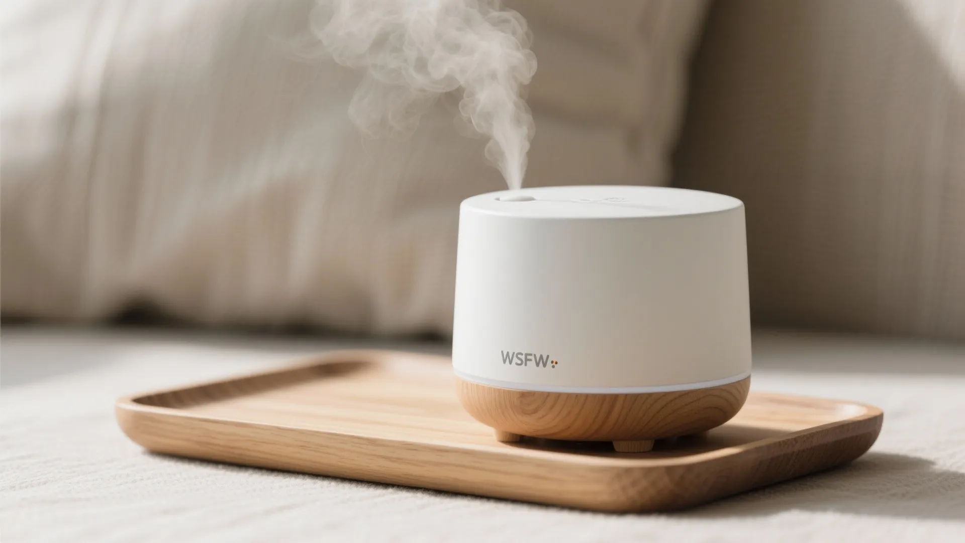 Macro of a matte white humidifier with wood accent producing fine mist on a tray.