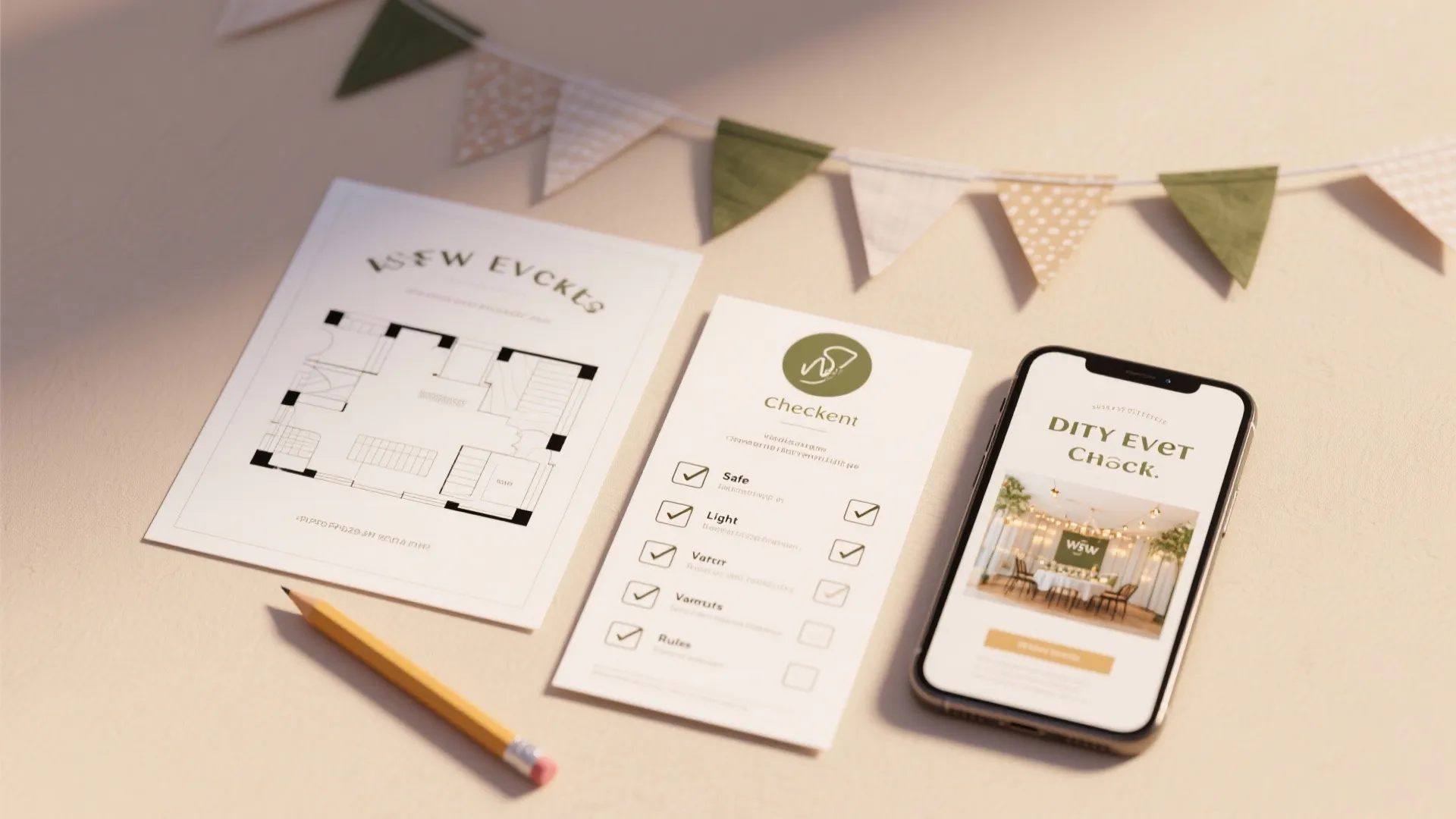 Table with room layout drawing event checklist mobile phone pencil and small colorful flags on wall