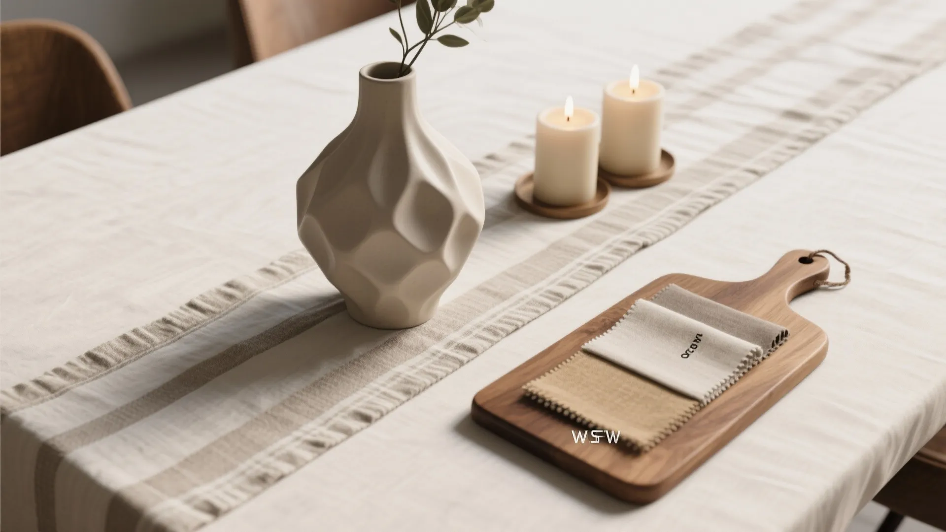 Dining table with striped runner and white vase and candles and fabric samples on board