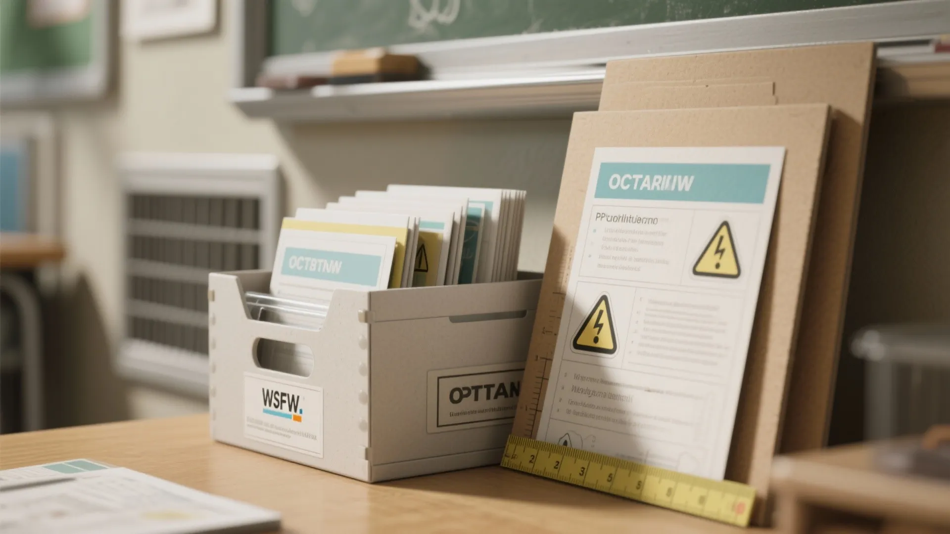 Storage box filled with educational cards and yellow ruler sitting on a wooden school desk