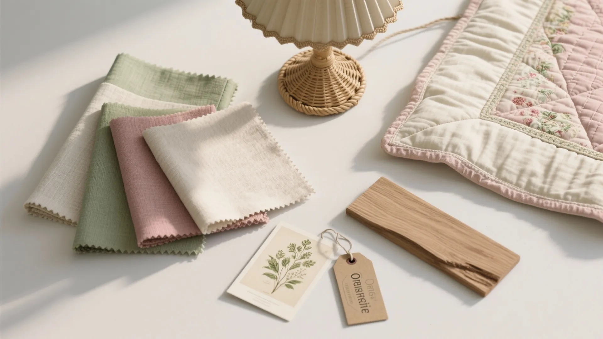 Top-down flat lay of cottagecore moodboard items: fabric swatches, quilt corner, rattan and botanical print.