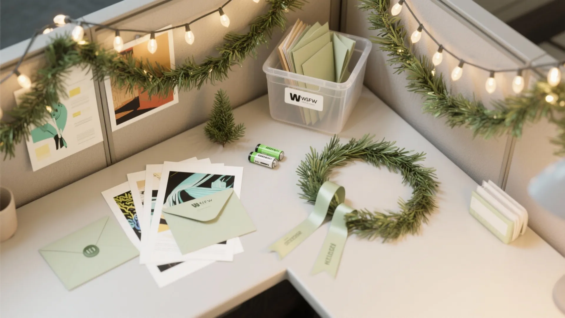 Top-down flatlay of affordable cubicle decorations and storage: battery lights, printable art, ribbon garlands, and slim bins.