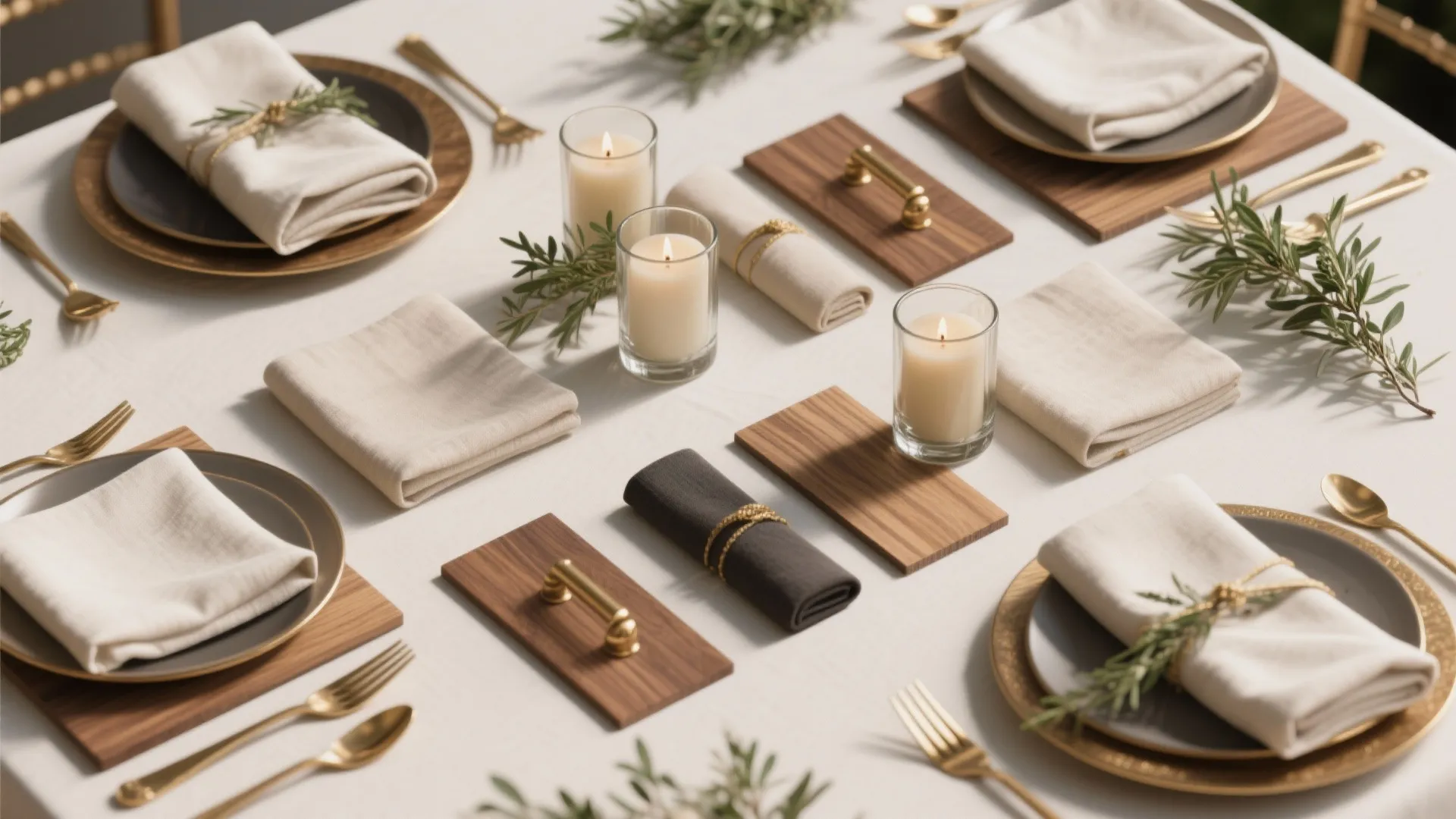 Table setting with white napkins golden cutlery small candles wooden boards and green leaves on tablecloth