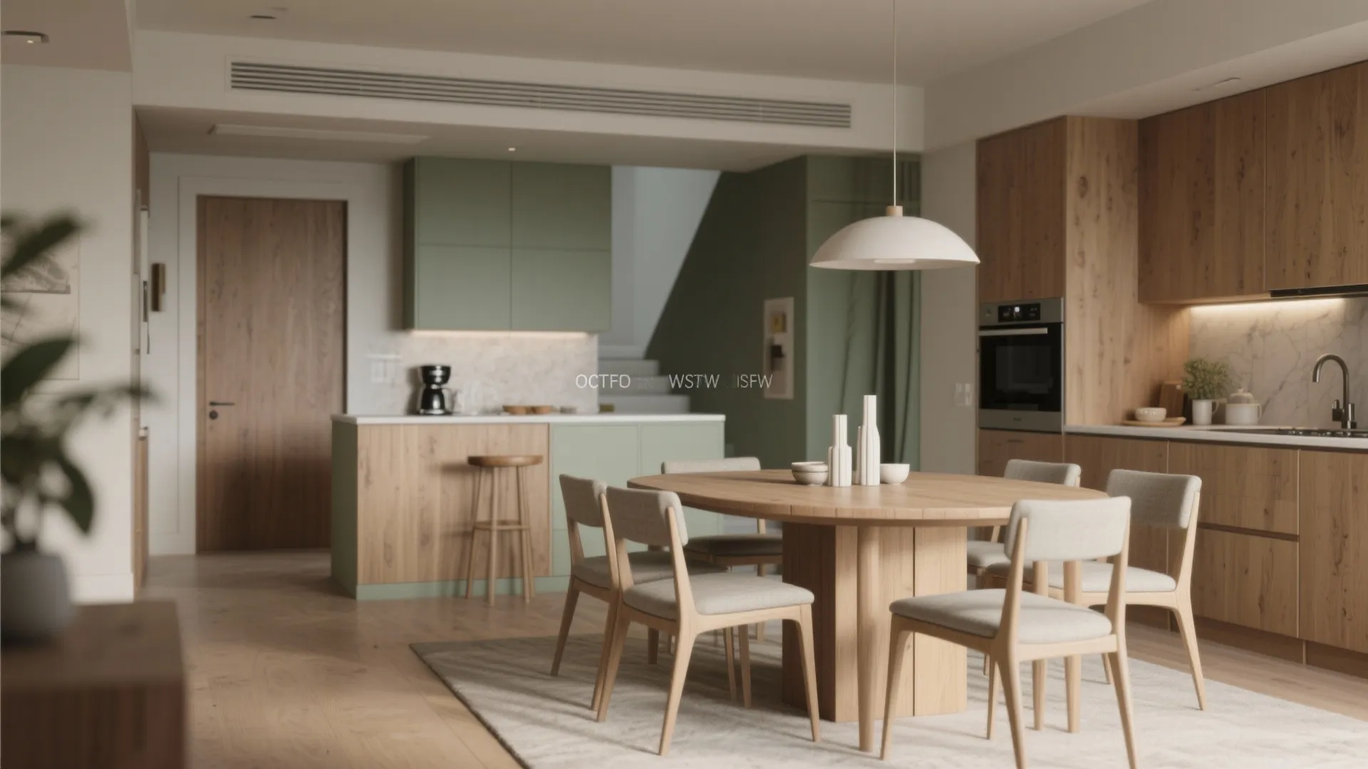 Modern kitchen and dining area with round wooden table chairs green cabinets and white ceiling light