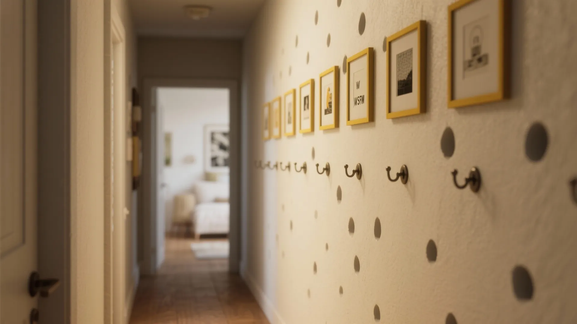 Narrow hallway with a neat arrangement of tiny framed prints and flush hooks hiding multiple nail holes.