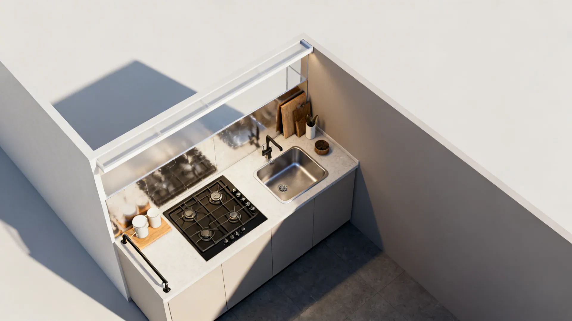 Top-down view showing zones for rail, ledge, and splash-safe surfaces.