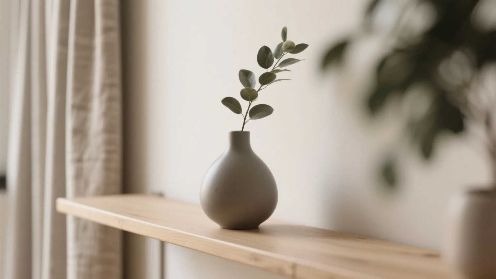 Minimalist grey vase with a single green leaf branch sitting on a light wooden shelf