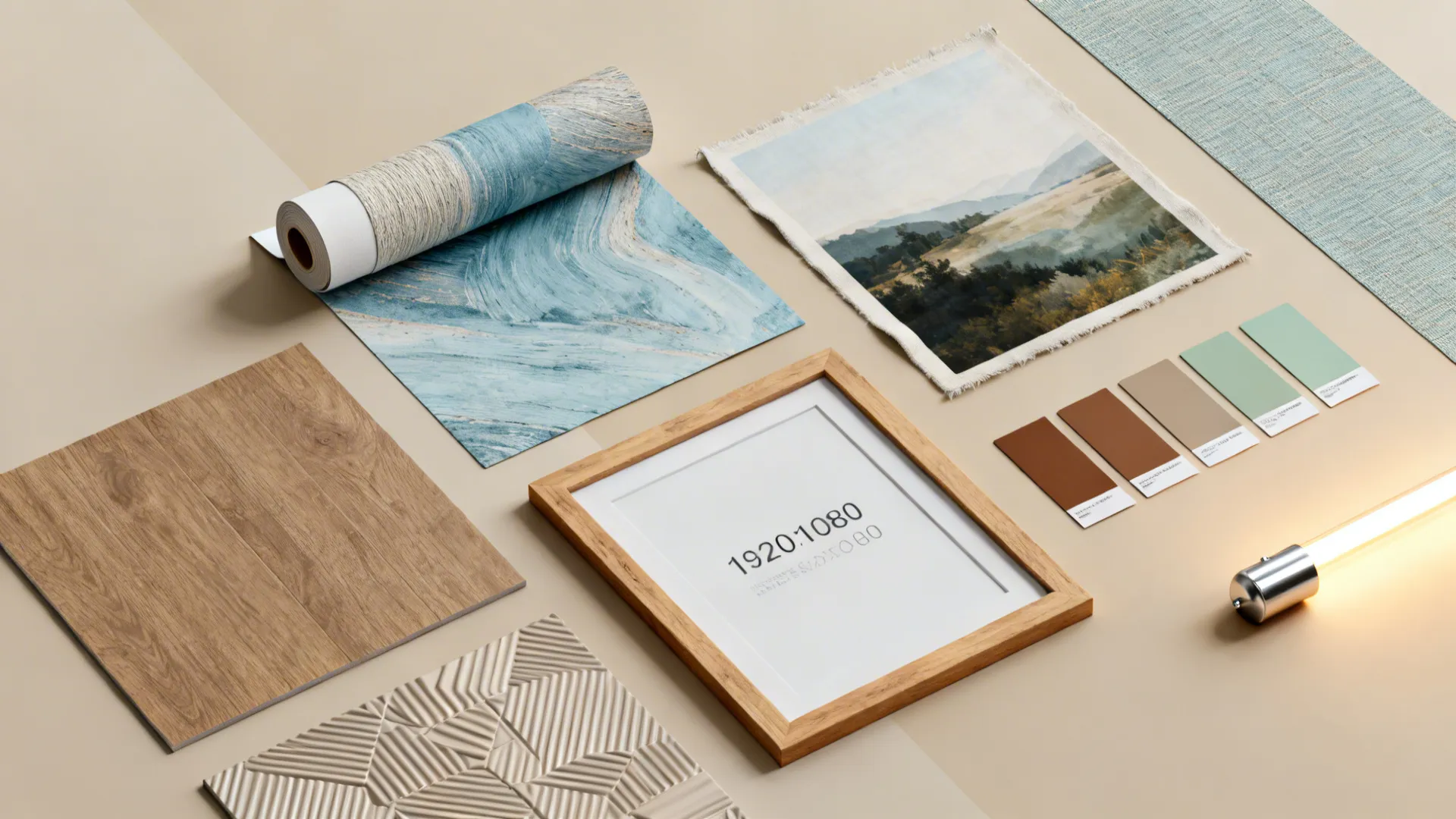 Flatlay of removable wallpaper, canvas swatch, framed poster and lighting sample for budget wall decor