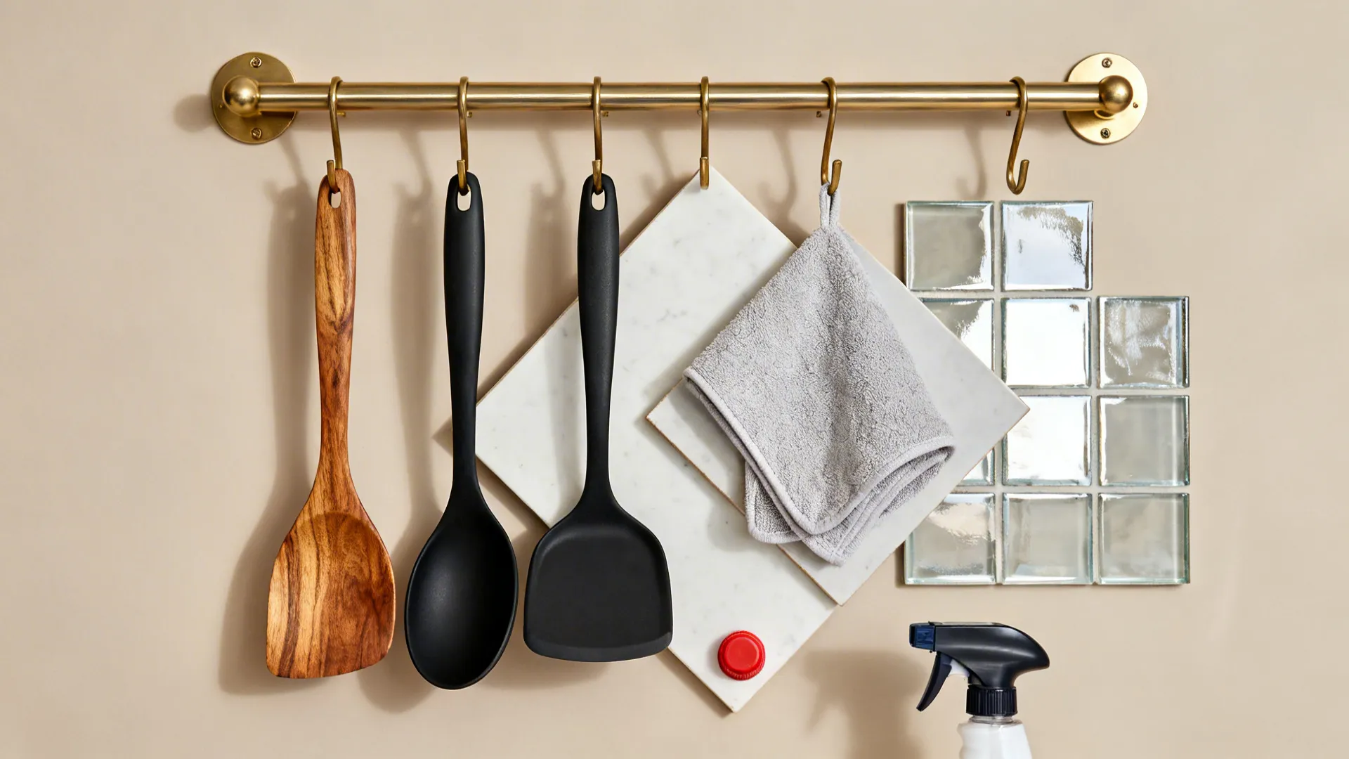 Flatlay with brass rack hardware, olivewood tools, black silicone, and porcelain samples.