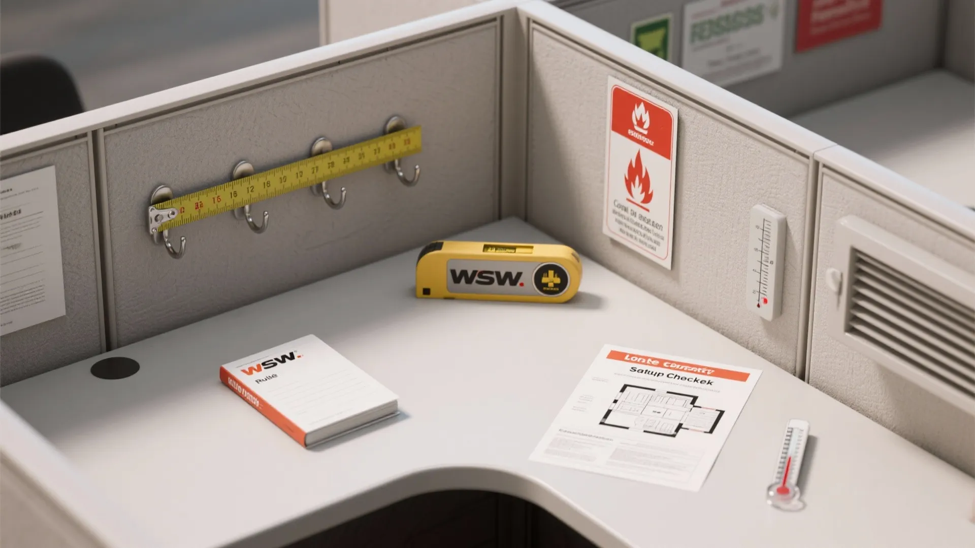 Top-down checklist and tools for safe cubicle decoration setup including hooks, flame-resistant label and layout print.