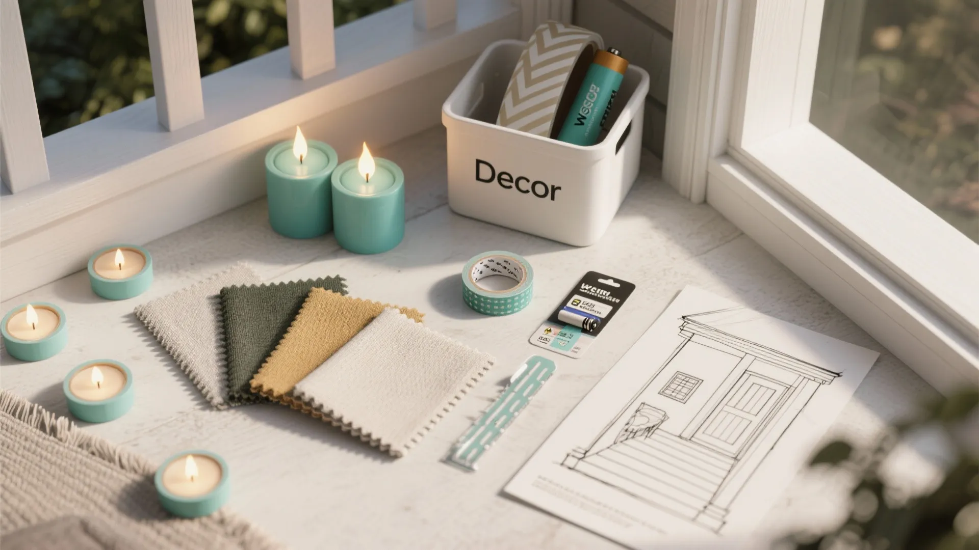 White storage bin with decor tools near fabric samples blue burning candles and house drawing