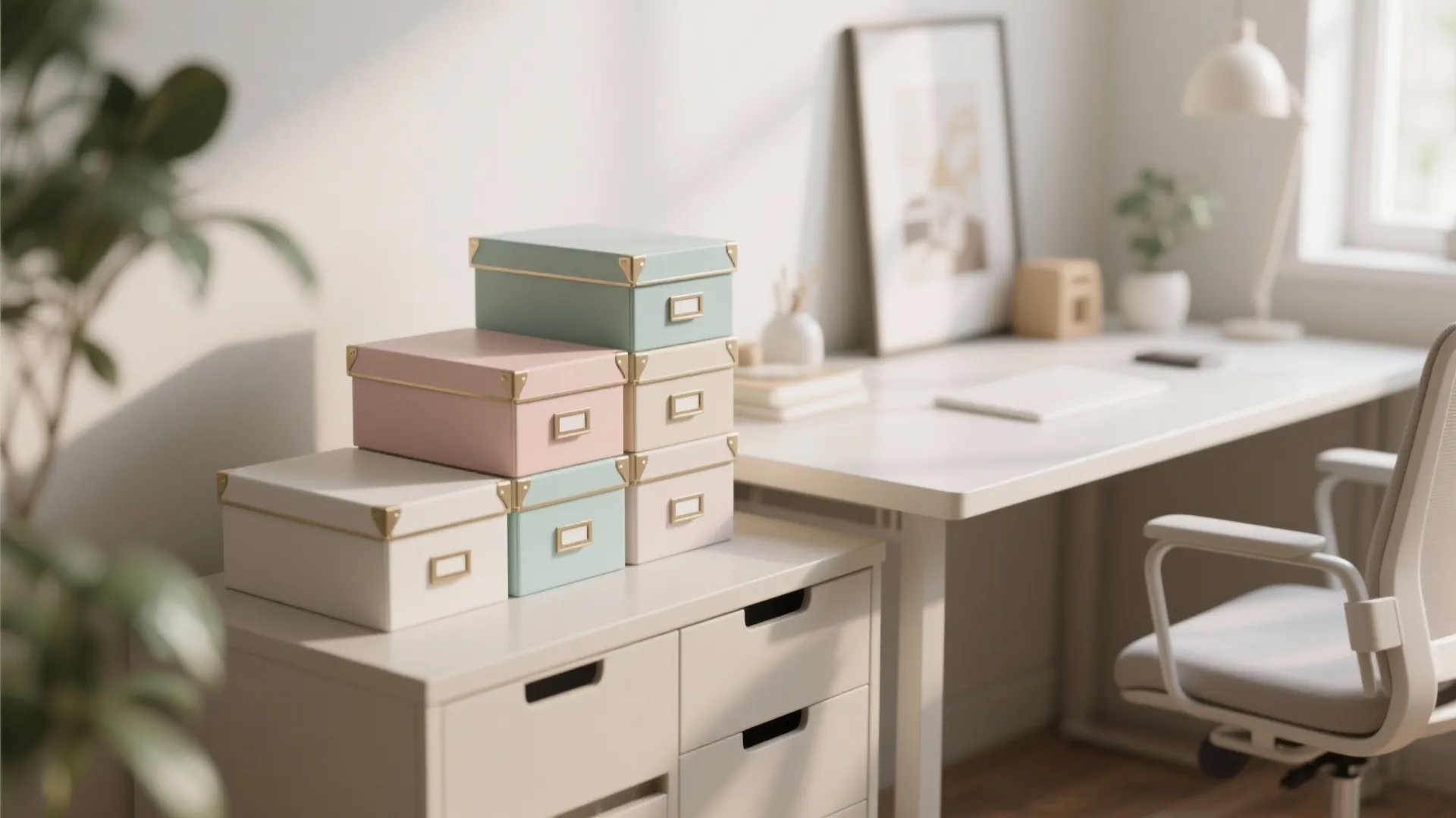 Pastel storage boxes stacked on white cabinet in a bright home office with a desk