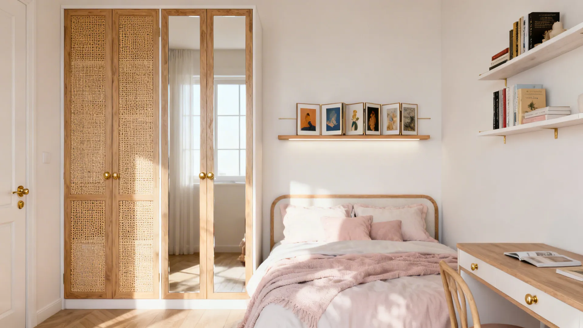 Small bedroom featuring pink bedding wooden wardrobe with mirror doors and a light wood desk
