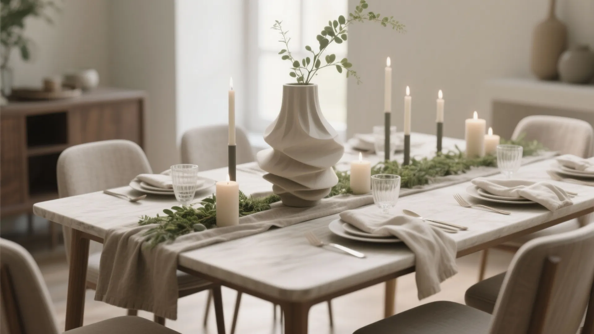 Elegant dining table setting with white vase green plants candles and neutral color cloth napkins
