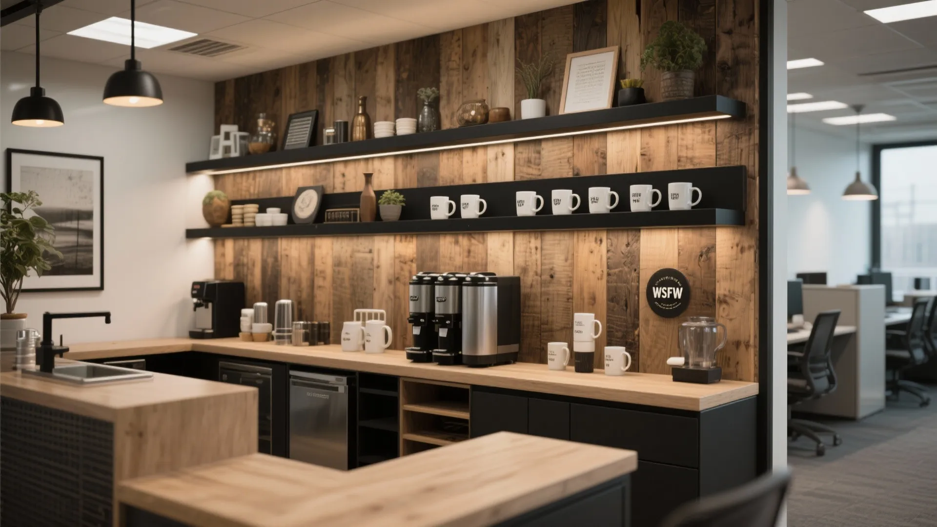 Modern office coffee station with wood wall panel shelves black cabinets and professional coffee machines