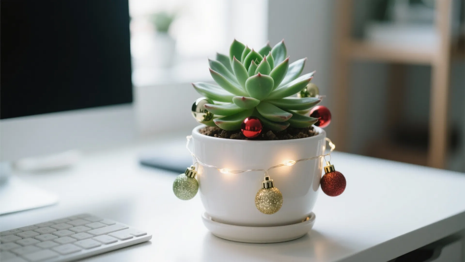 Small green succulent plant in a white pot decorated with Christmas balls and fairy lights