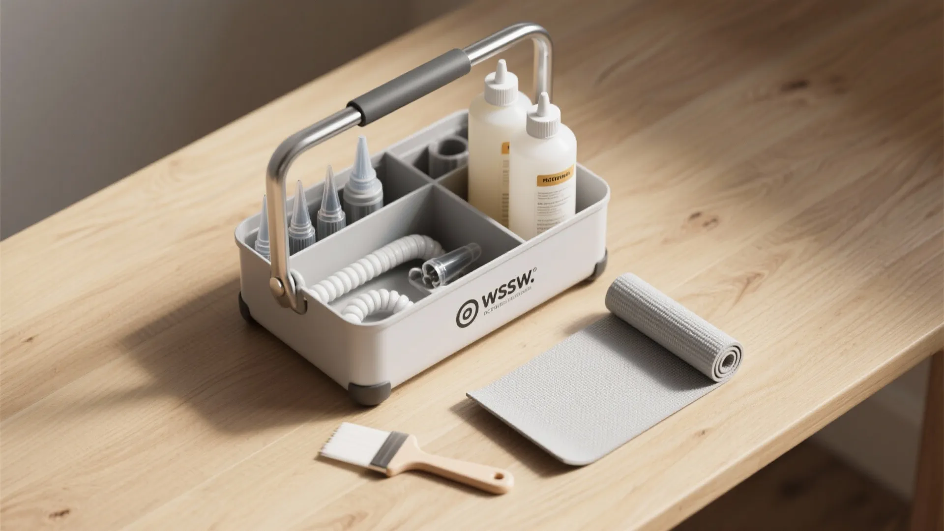 White plastic storage caddy with handle holding bottles and tools on light wood tabletop surface