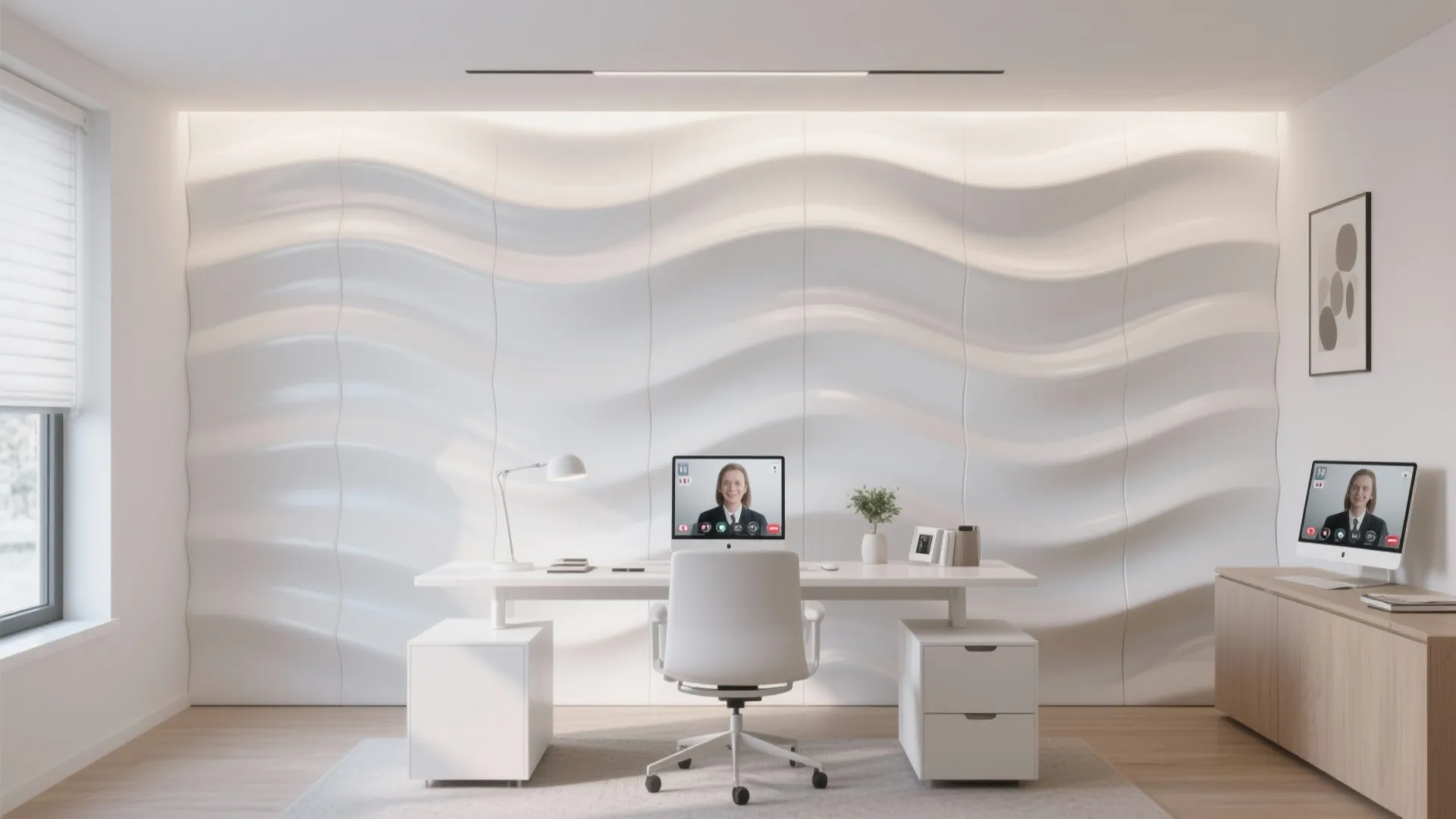 Modern home office with white wave-textured 3D wall panels