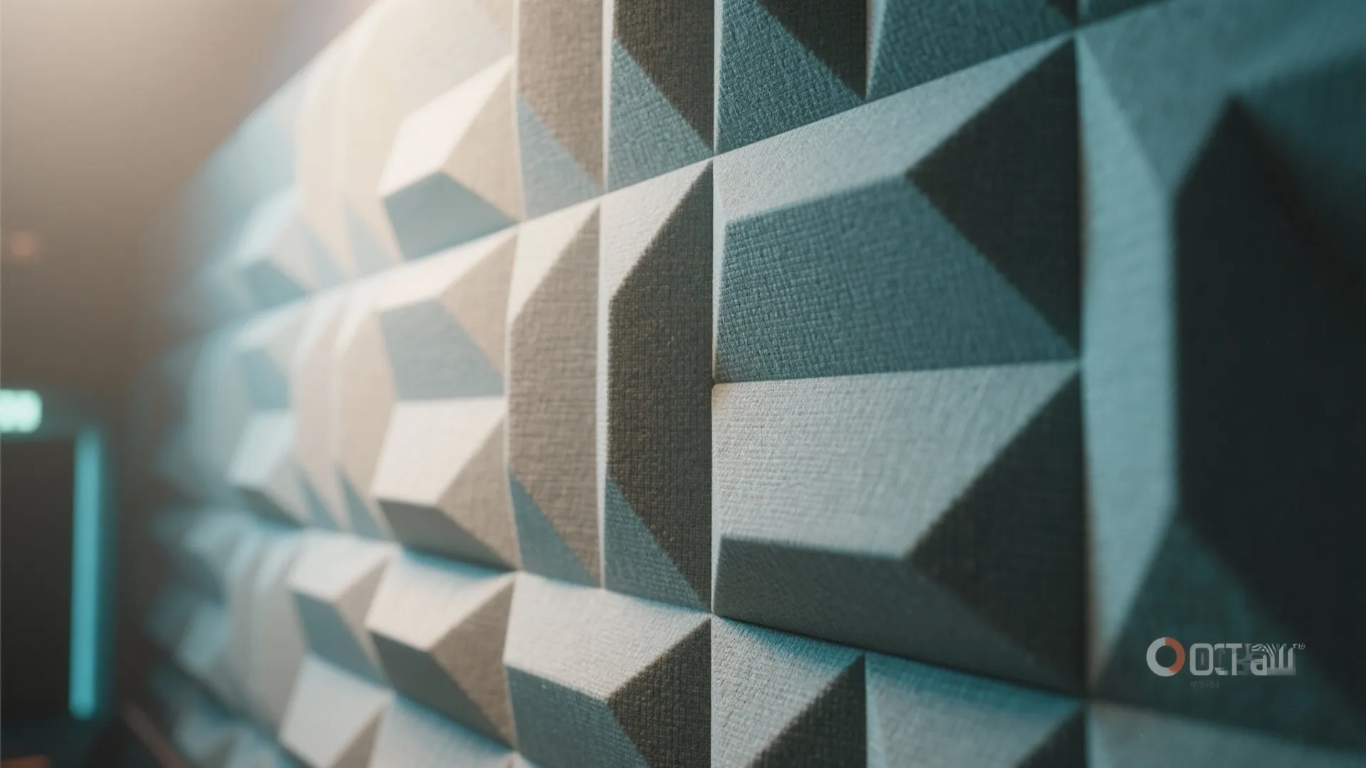 Close up view of grey 3D wall panels used for soundproofing in a home theater