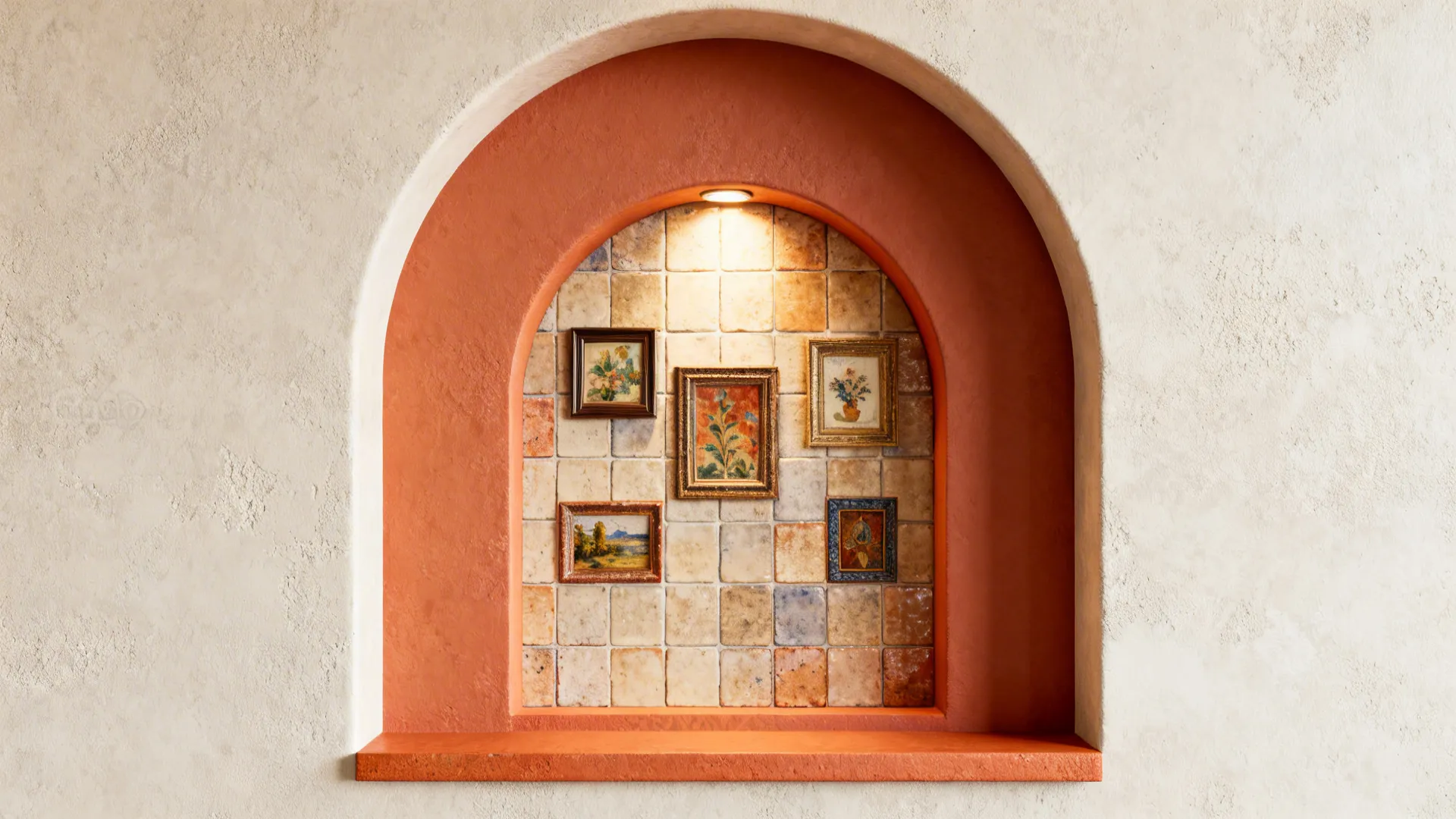Decorative arched cut-out with contrasting paint and tiled niche serving as a mini-gallery.