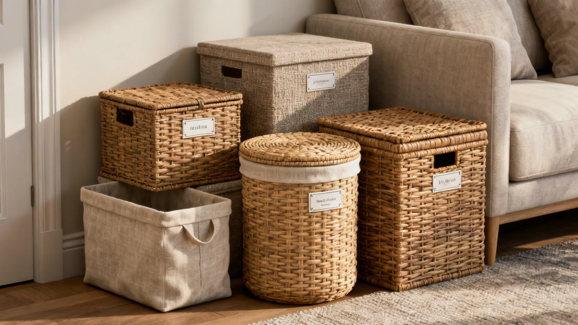 Collection of woven storage baskets and fabric bins in different sizes placed near a sofa
