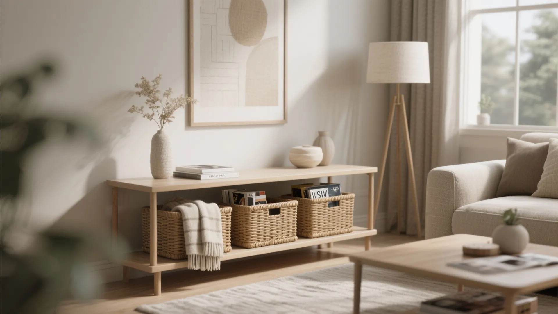 Console with woven baskets for hidden storage