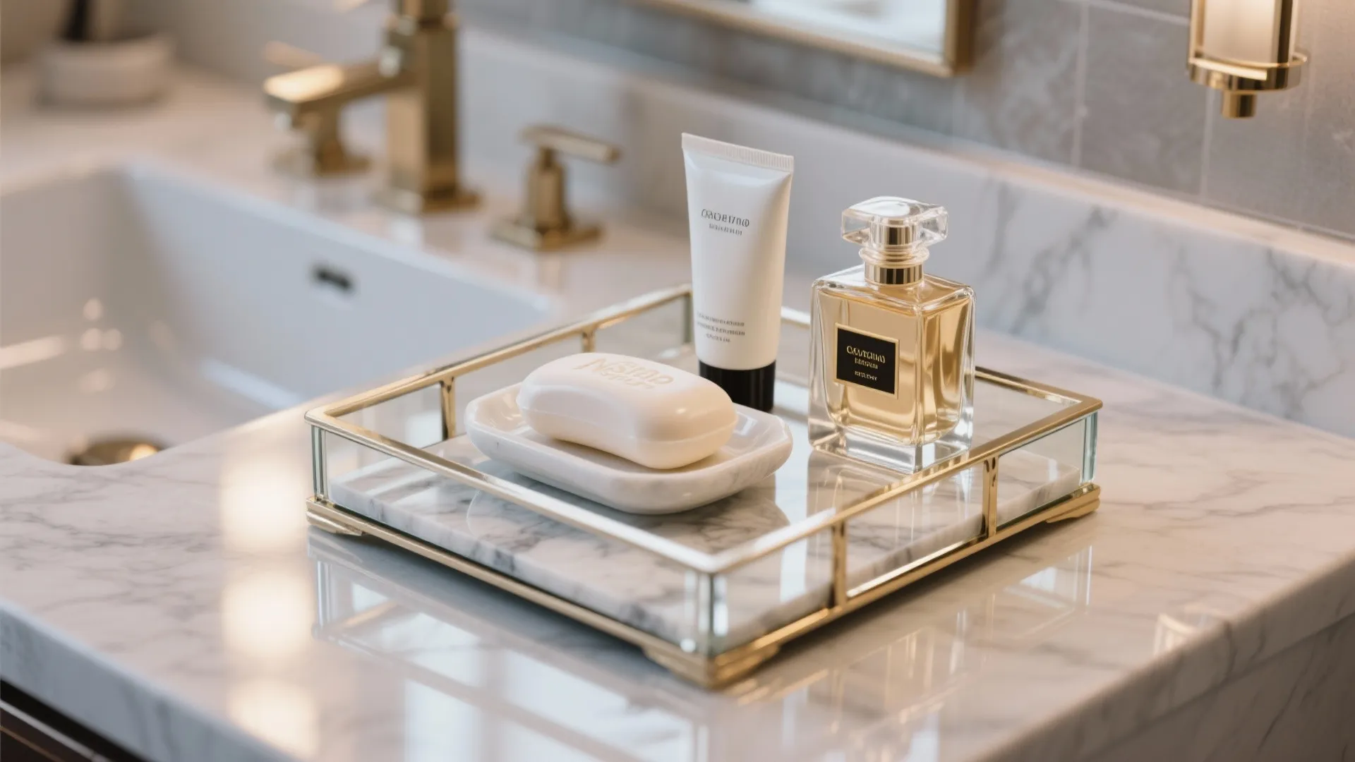 Gold and marble tray holding soap lotion and perfume on a marble bathroom vanity counter