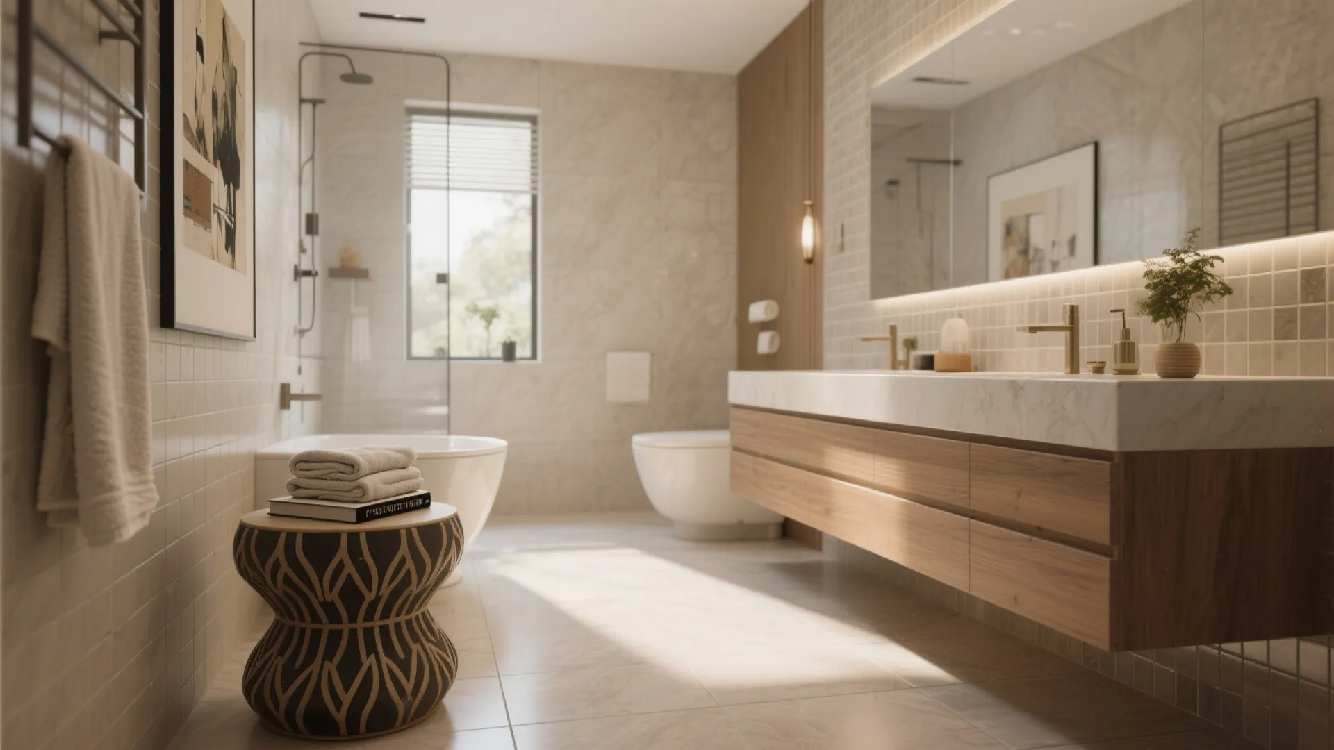 Warm bathroom interior with patterned stool holding towels beside a wooden vanity and white bathtub