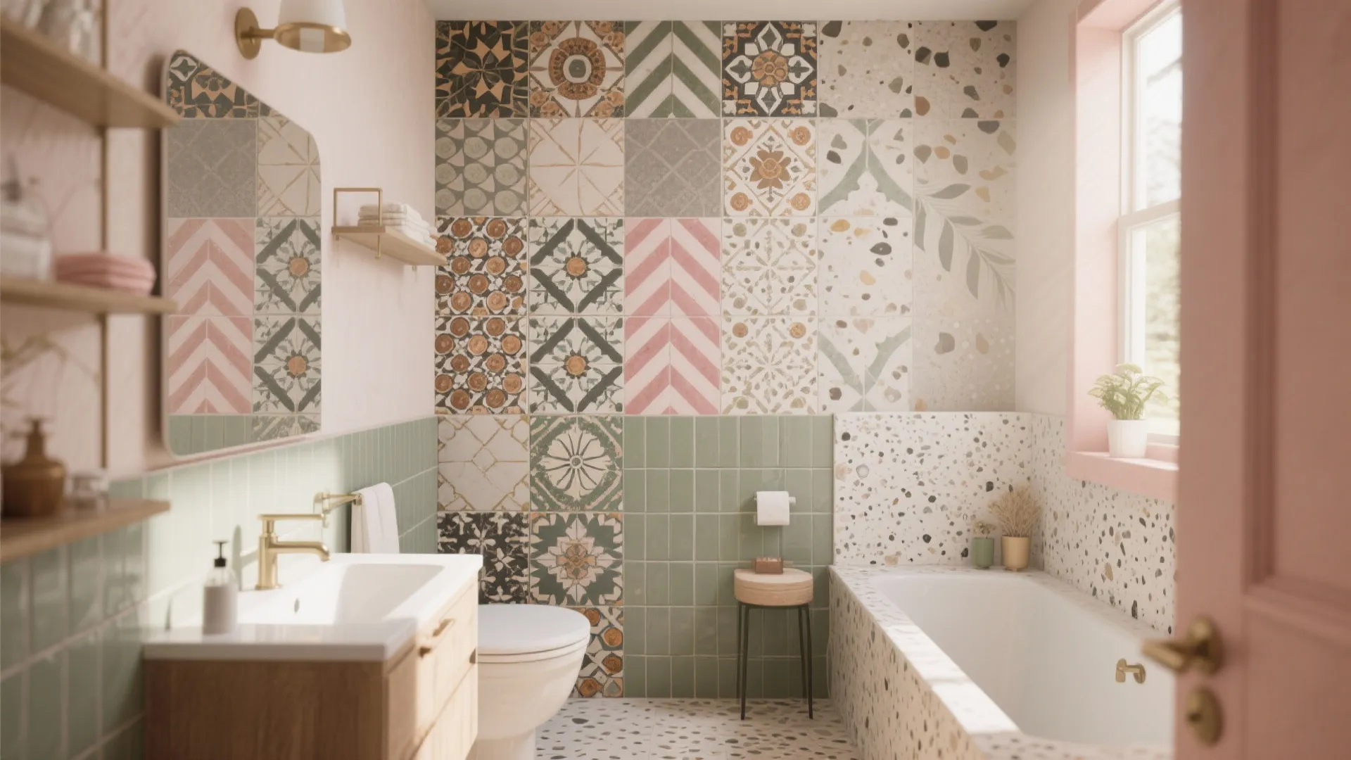 Colorful bathroom interior with patterned wall tiles wooden cabinet white bathtub and green wall tiles