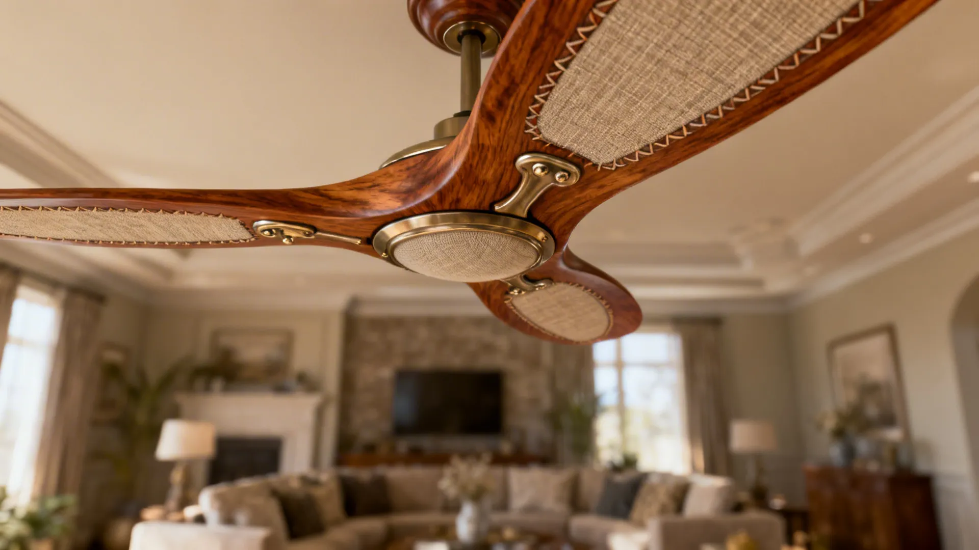 Decorative ceiling fan blade with wooden grain and fabric inlay used as a design focal point in a living room.