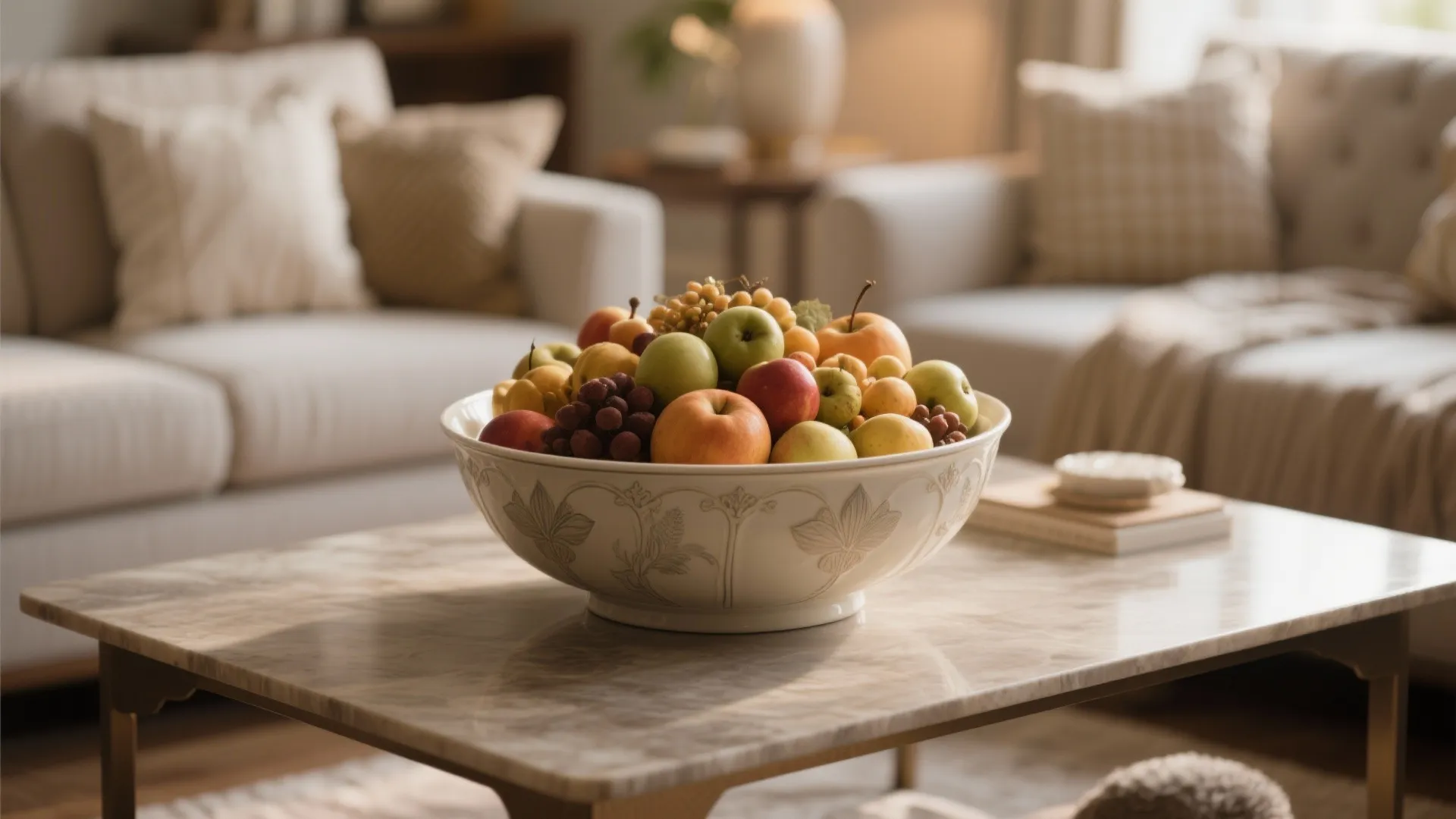 Large white bowl filled with various fresh fruits sitting on marble table in living room