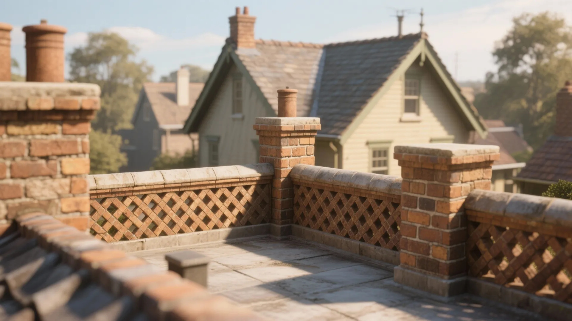 Rooftop terrace with decorative red brick wall design and traditional house views in the background