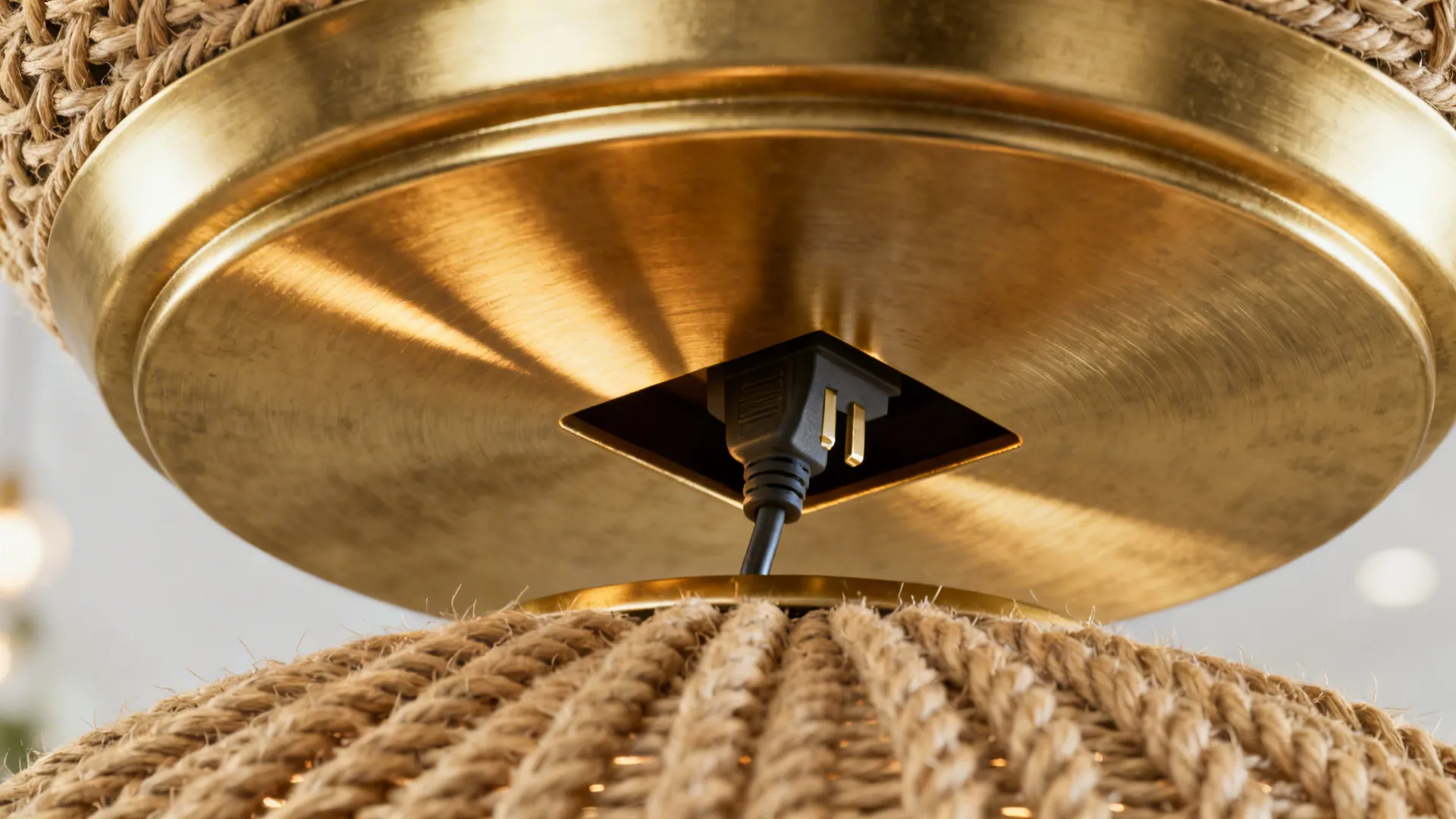 Close-up of a brass and woven rope decorative canopy hiding a plug-in cord entry.