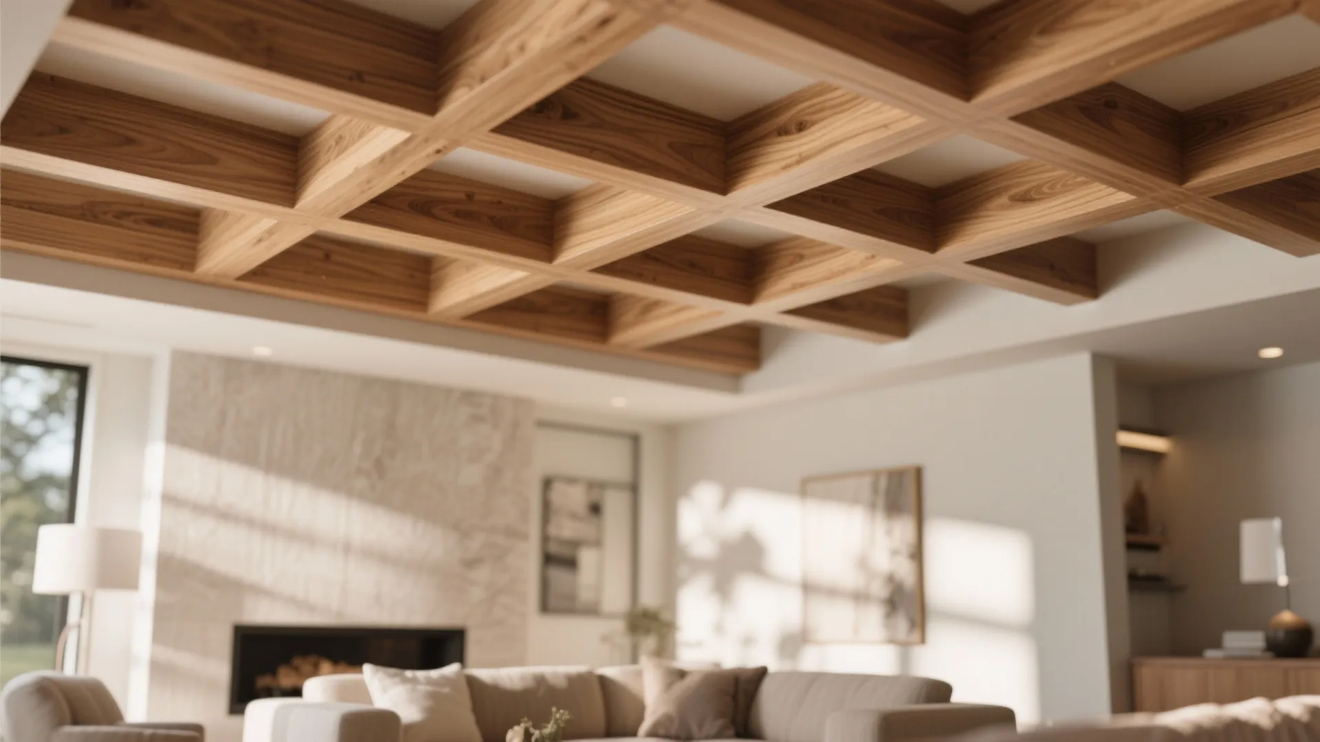 Modern living room with wooden grid ceiling design comfortable sofa fireplace and bright natural light