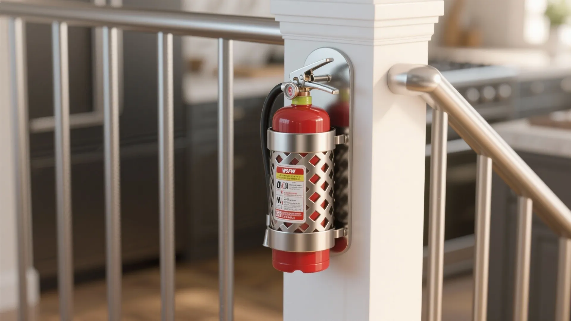 Stainless-steel decorative cover disguising a small kitchen fire extinguisher by a railing